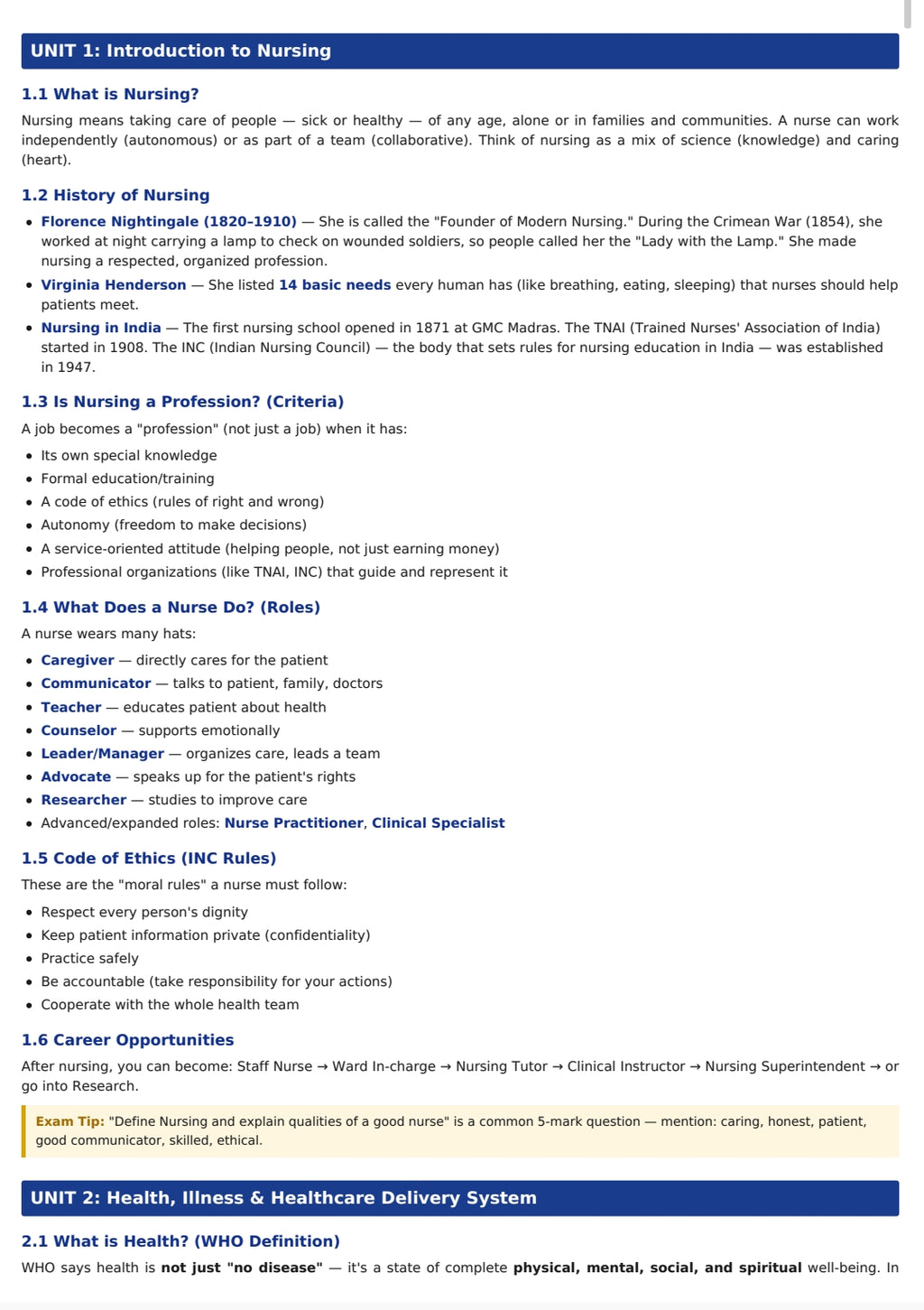 Textbook of Nursing Foundation — Complete Notes (Semester I & II) | BSc Nursing | Colored Edition